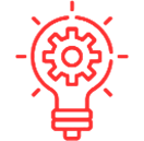 Red gear inside lightbulb on black background.
